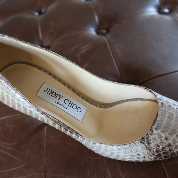 $895 Jimmy Choo peep toe platform snakeskin pumps in grey/green 36 1/2 ITALY - Picture 7 of 15